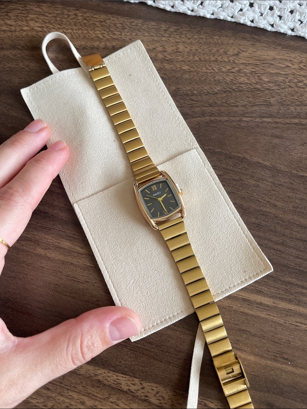 Gold-tone Women’s Rectangular Wristwatch with Black Dial